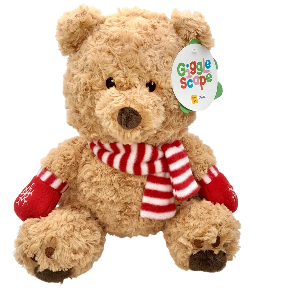 Giggle Scape Holiday Teddy Bear Plush Tan Fur Red Scarf Snowflake Mittens NWT